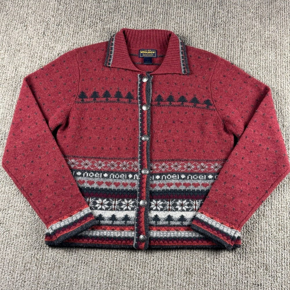 VTG Woolrich Womens S Wool Cardigan Sweater Button Nordic Fair Isle Red Black